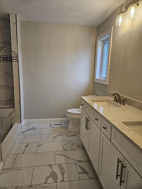 bathroom featuring vanity, toilet, and a tile shower