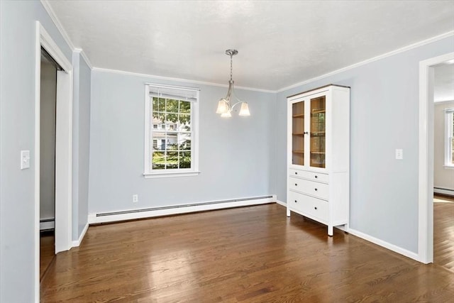 unfurnished dining area with baseboard heating, dark hardwood / wood-style flooring, a chandelier, and crown molding