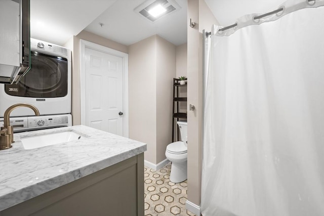 19 Dalrymple St Unit D, Boston, MA 02130 - full bathroom featuring stacked washer / drying machine, vanity, and a shower with shower curtain