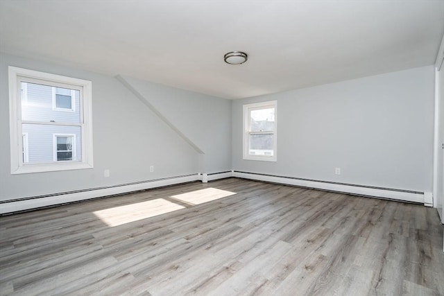 empty room featuring baseboard heating and light hardwood / wood-style floors