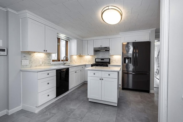 kitchen with backsplash, black appliances, sink, and white cabinets