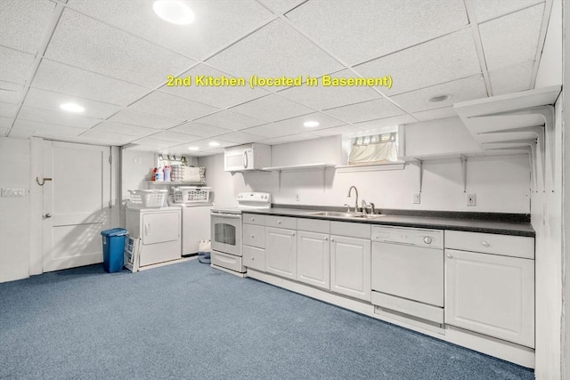 12 Shore Ave, Salem, MA 01970 - kitchen featuring white appliances, washing machine and clothes dryer, open shelves, carpet, and dark countertops