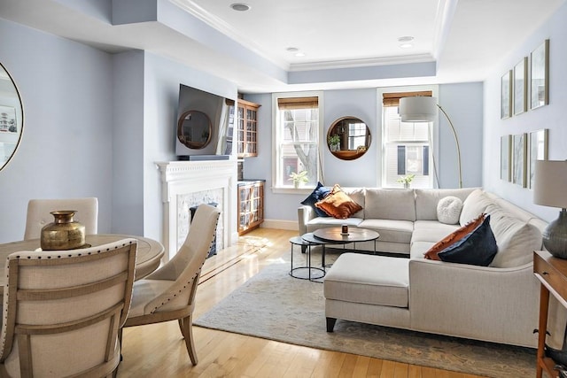 living room featuring a tray ceiling, ornamental molding, and light hardwood / wood-style floors