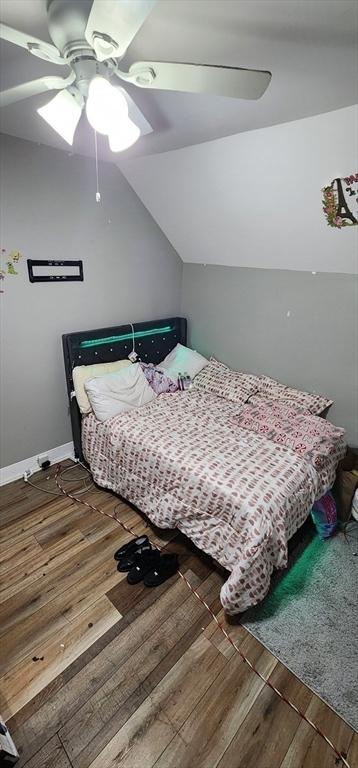8 Suffield St, Worcester, MA 01610 - bedroom featuring hardwood / wood-style floors, lofted ceiling, ceiling fan, and baseboards