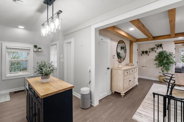 7 Summit Ave, Sharon, MA 02067 - kitchen featuring butcher block counters, dark cabinets, dark wood-style floors, plenty of natural light, and recessed lighting