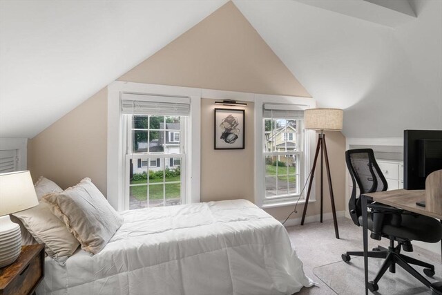 7 Summit Ave, Sharon, MA 02067 - bedroom featuring light carpet, vaulted ceiling, and a desk