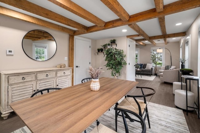 7 Summit Ave, Sharon, MA 02067 - dining room with light wood-type flooring, beam ceiling, and recessed lighting