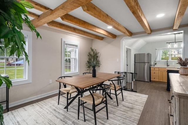 7 Summit Ave, Sharon, MA 02067 - dining room featuring wood finished floors, beamed ceiling, and recessed lighting