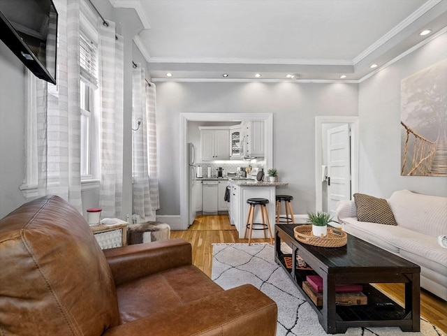 living room featuring ornamental molding and light wood-type flooring