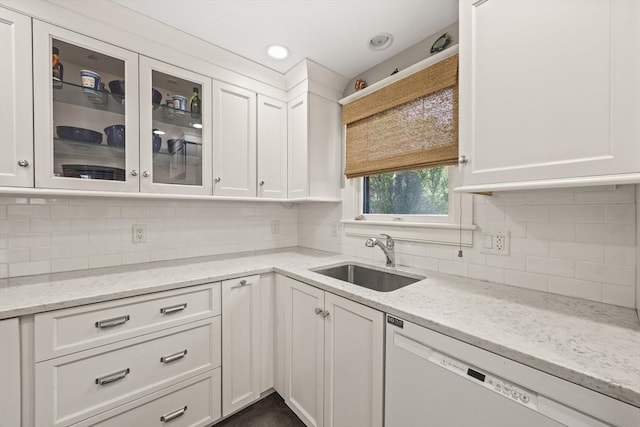10 Seashore Park Dr Unit Gg, Provincetown, MA 02657 - kitchen featuring white dishwasher, a sink, white cabinetry, backsplash, and recessed lighting
