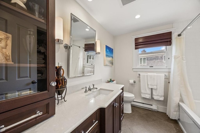 10 Seashore Park Dr Unit Gg, Provincetown, MA 02657 - full bathroom with a baseboard heating unit, vanity, toilet, shower / bath combination with curtain, and tile patterned floors