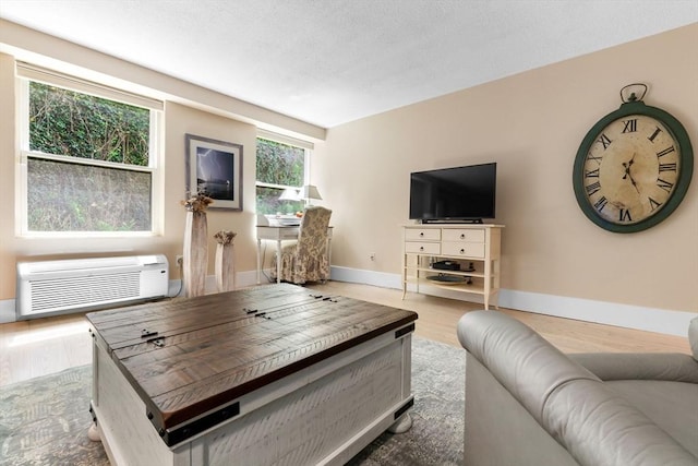 living room with wood finished floors, a wall mounted air conditioner, and baseboards