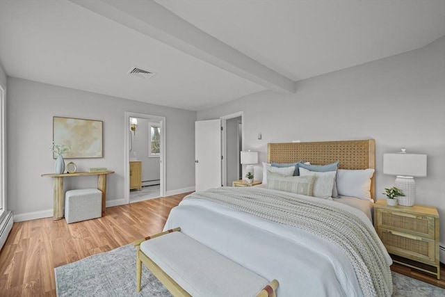 1705 Wampanoag Trl, Barrington, RI 02806 - bedroom featuring wood finished floors, baseboards, beamed ceiling, a baseboard radiator, and connected bathroom