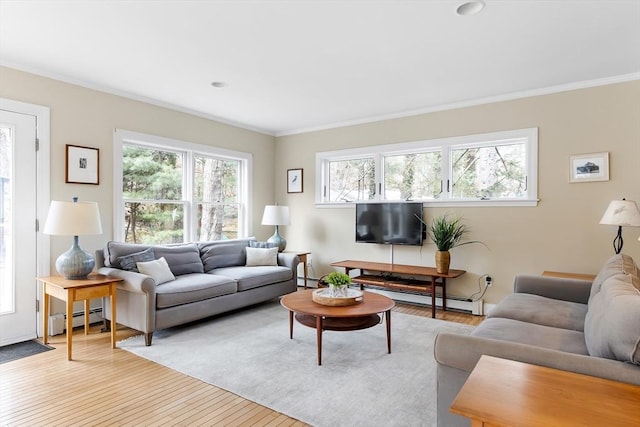 living area featuring a wealth of natural light, a baseboard radiator, and light wood-style flooring