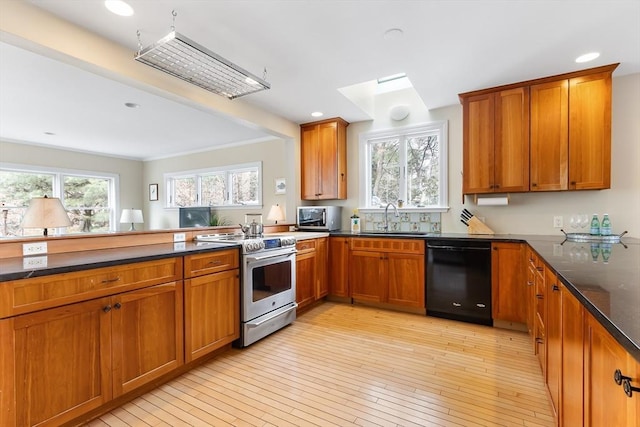 kitchen featuring a sink, a healthy amount of sunlight, appliances with stainless steel finishes, light wood finished floors, and brown cabinetry