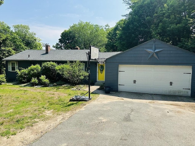 728 Stony Hill Rd, Wilbraham, MA 01095 - ranch-style home featuring driveway, a chimney, a garage, a shingled roof, and a front lawn