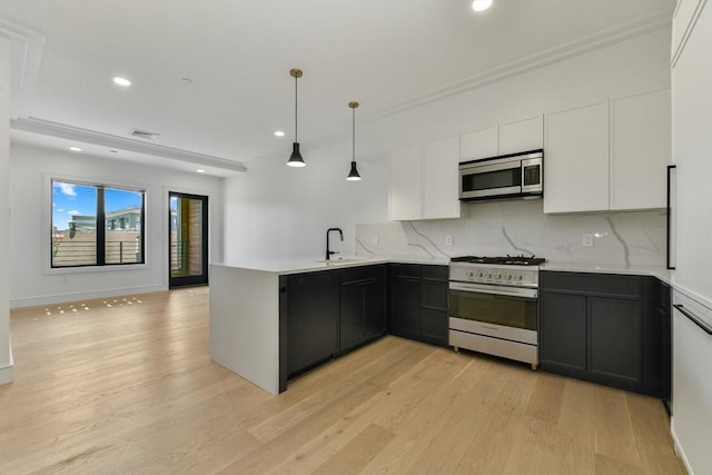 kitchen featuring a sink, appliances with stainless steel finishes, a peninsula, and light wood finished floors