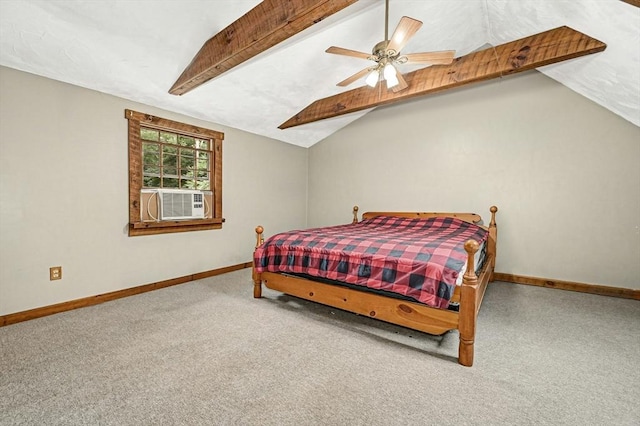 bedroom with lofted ceiling with beams, carpet flooring, cooling unit, and ceiling fan