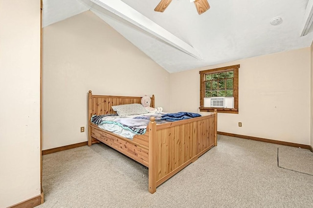 bedroom featuring cooling unit, ceiling fan, lofted ceiling, and light carpet