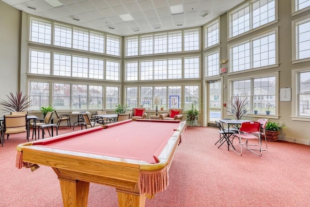 rec room featuring carpet, a high ceiling, and pool table