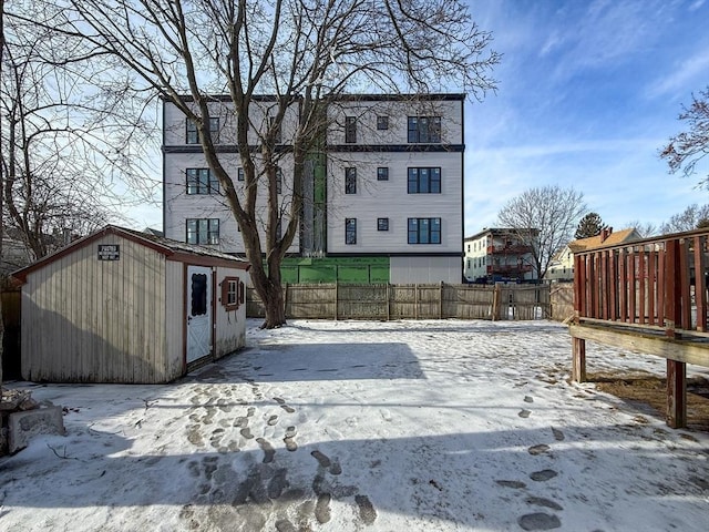 exterior space with a storage shed