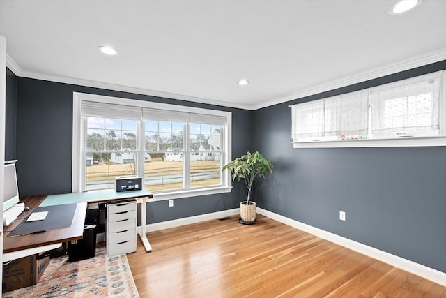 office area with baseboards, recessed lighting, light wood-style floors, and ornamental molding