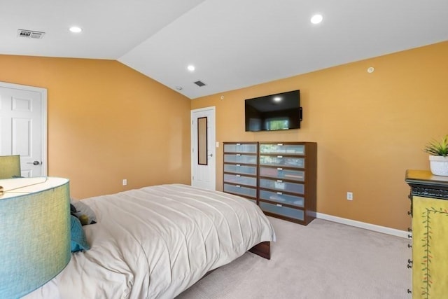 bedroom featuring visible vents, light carpet, baseboards, recessed lighting, and vaulted ceiling