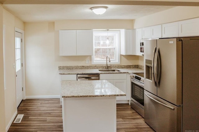 kitchen featuring white cabinetry, dark wood-style flooring, appliances with stainless steel finishes, and a sink