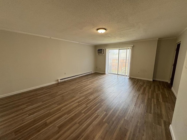 1186 Worcester Rd Unit 231, Framingham, MA 01702 - unfurnished room featuring a baseboard heating unit, ornamental molding, dark wood finished floors, a textured ceiling, and a wall mounted AC