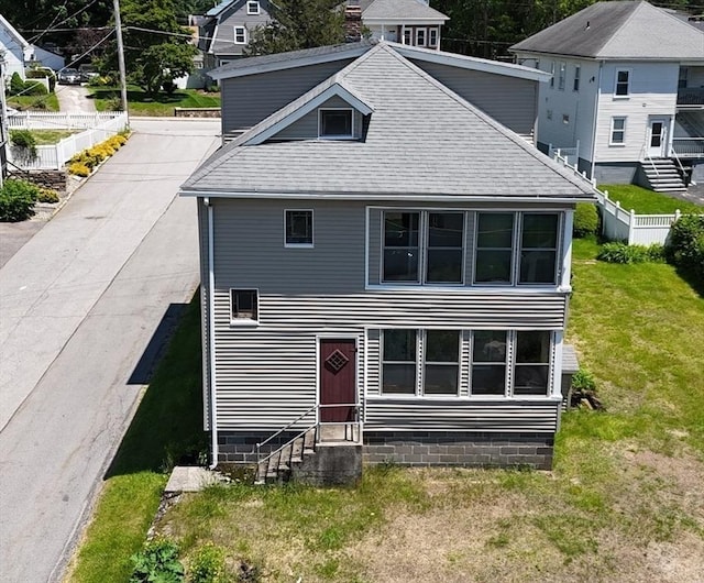 5 Hall St, Webster, MA 01570 - back of house featuring entry steps, crawl space, and roof with shingles