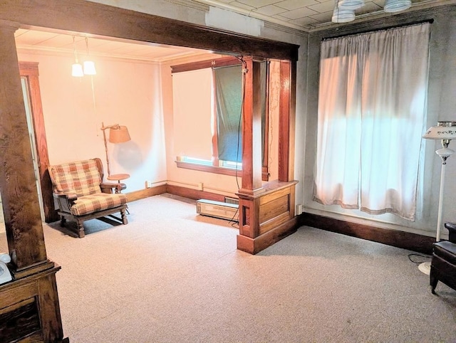 5 Hall St, Webster, MA 01570 - sitting room with carpet flooring, crown molding, baseboards, and decorative columns