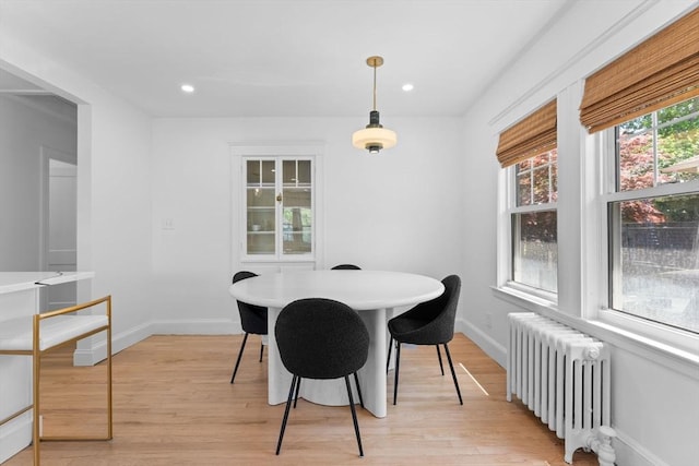 633 Lagrange St, Boston, MA 02132 - dining area featuring radiator, light wood-style floors, baseboards, and recessed lighting