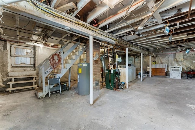 633 Lagrange St, Boston, MA 02132 - unfinished below grade area with electric water heater, stairway, washer and clothes dryer, and a heating unit