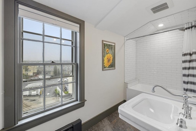 6 Lee St, Marblehead, MA 01945 - full bath featuring baseboards, healthy amount of natural light, a sink, and shower / bathtub combination with curtain