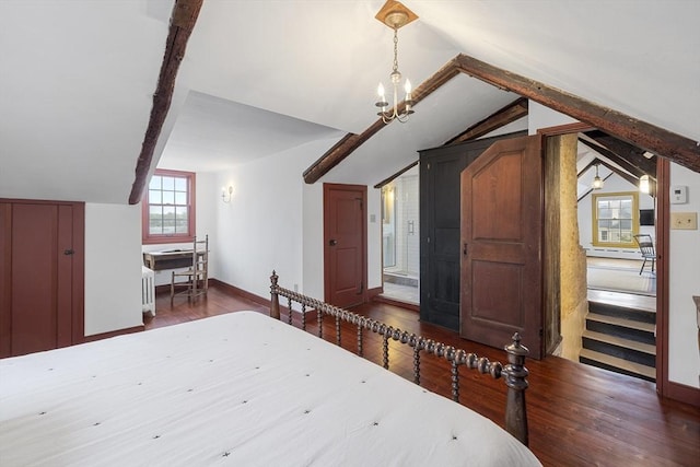 6 Lee St, Marblehead, MA 01945 - bedroom with lofted ceiling, wood finished floors, a chandelier, and baseboards