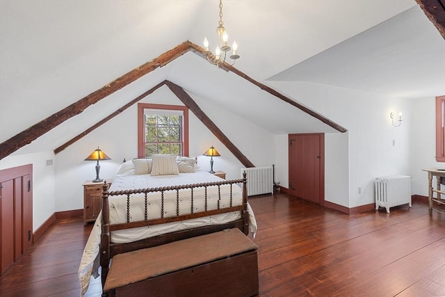 6 Lee St, Marblehead, MA 01945 - bedroom with radiator heating unit, dark wood-style flooring, a chandelier, vaulted ceiling, and baseboards