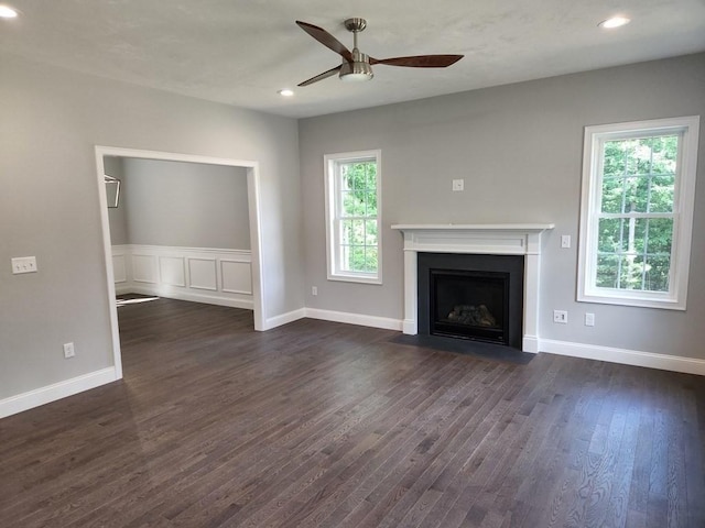 138 Elm St, Uxbridge, MA 01569 - unfurnished living room featuring a ceiling fan, dark wood-style flooring, a fireplace with flush hearth, recessed lighting, and baseboards