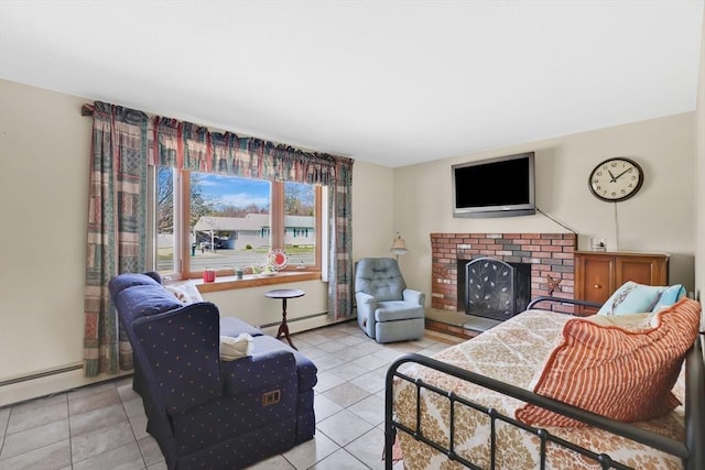 living room with a baseboard heating unit, a brick fireplace, and tile patterned flooring