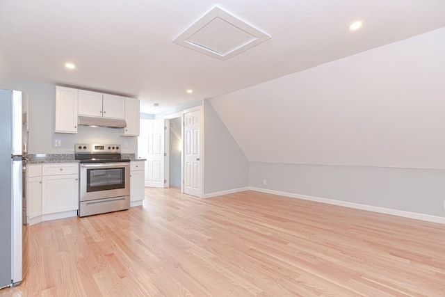 kitchen with white cabinetry, stainless steel electric range, light hardwood / wood-style flooring, lofted ceiling, and white fridge