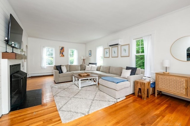 136 Walnut St, Braintree, MA 02184 - living room featuring light wood-type flooring, a baseboard radiator, healthy amount of natural light, a wall unit AC, and crown molding