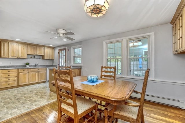 7 Burton Ave, Harwich, MA 02671 - dining space with a ceiling fan, light wood finished floors, recessed lighting, and a baseboard radiator