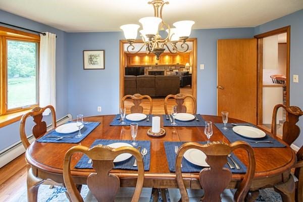 dining room with wood finished floors and a chandelier