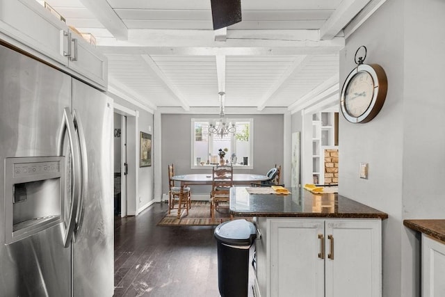 274 Primrose, Fall River, MA 02720 - kitchen featuring stainless steel fridge, dark wood-style floors, white cabinetry, a chandelier, and a wooden ceiling with exposed beams
