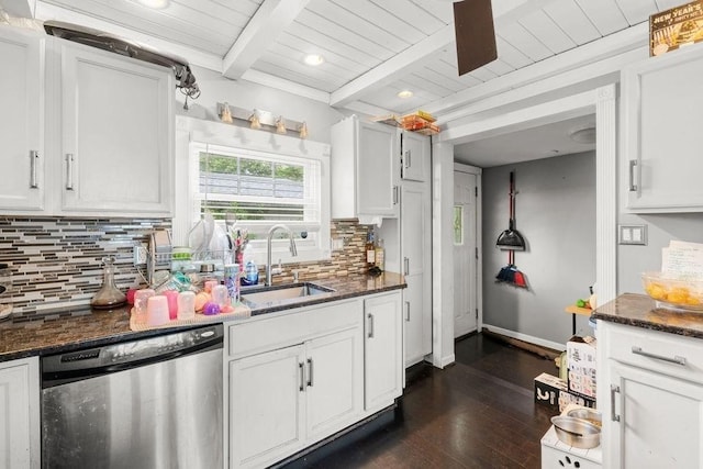 274 Primrose, Fall River, MA 02720 - kitchen featuring stainless steel dishwasher, dark wood-style flooring, a wooden ceiling with exposed beams, tasteful backsplash, and white cabinets
