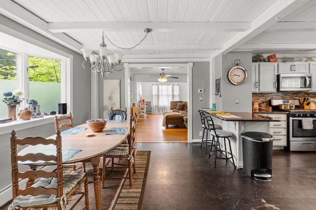 274 Primrose, Fall River, MA 02720 - dining space featuring a ceiling fan, a chandelier, and a wooden ceiling with exposed beams