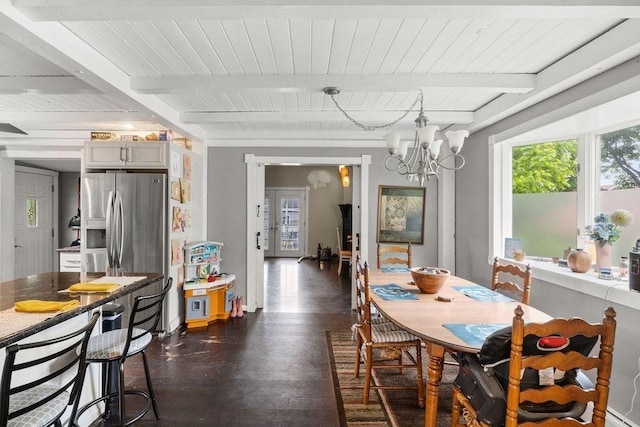 274 Primrose, Fall River, MA 02720 - dining room featuring a chandelier, dark wood-style flooring, and a wooden ceiling with exposed beams