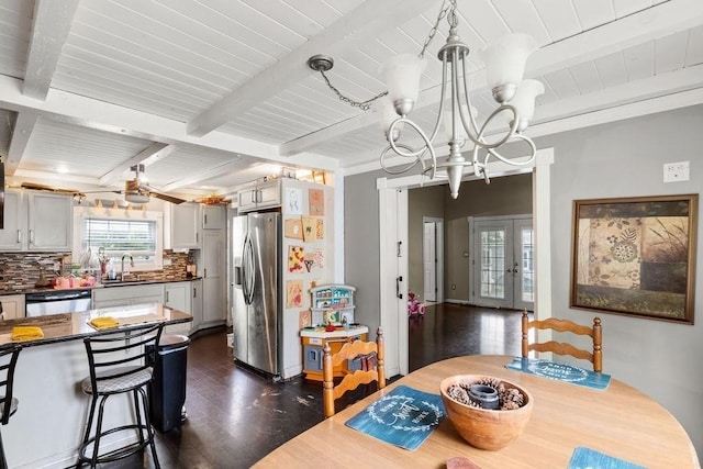274 Primrose, Fall River, MA 02720 - dining space with a chandelier, dark wood-style flooring, a wood ceiling with exposed beams, and french doors