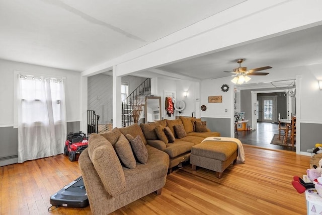 274 Primrose, Fall River, MA 02720 - living room featuring wood-type flooring, stairs, and ceiling fan