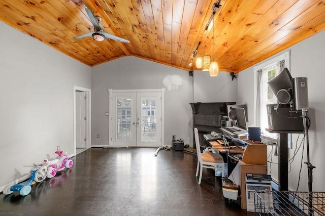 274 Primrose, Fall River, MA 02720 - home office with wood ceiling, vaulted ceiling, a ceiling fan, and french doors