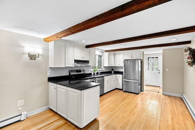 kitchen with appliances with stainless steel finishes, baseboards, under cabinet range hood, and baseboard heating